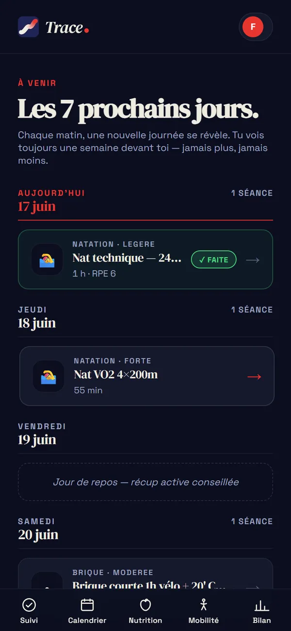 L'app Trace — Ta semaine en clair